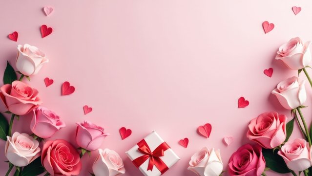 A bright pink background adorned with pink roses and hearts, perfect for romantic occasions or Valentine's Day themes