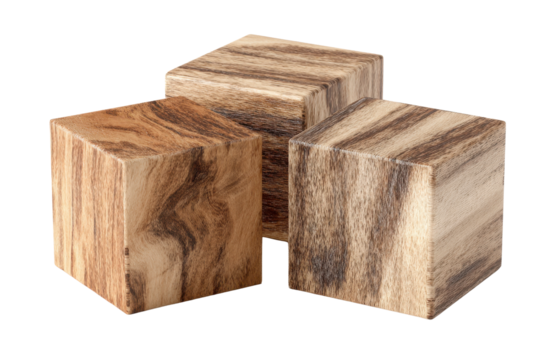 Three wooden cubes with striped grain patterns arranged on black background block geometric, Isolated On Transparent Background, Png Cut Out