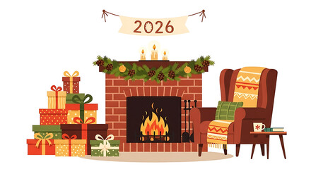 Cozy christmas interior with fireplace and gifts, new year event