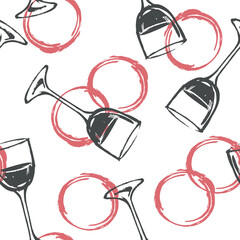 A seamless pattern of wine glasses and wine stains. Vector illustration imitating a brush drawing black ink. Clipart for a winery, wine menu, or packaging. A combination of grunge and vintage effects.