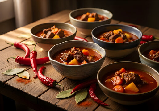 Warm Spicy Stew in Rustic Bowls with Vegetables and Meat