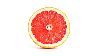 Grapefruit slice on white background showing juicy red pulp