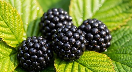  Fresh Ripe Blackberries on Green Leaves