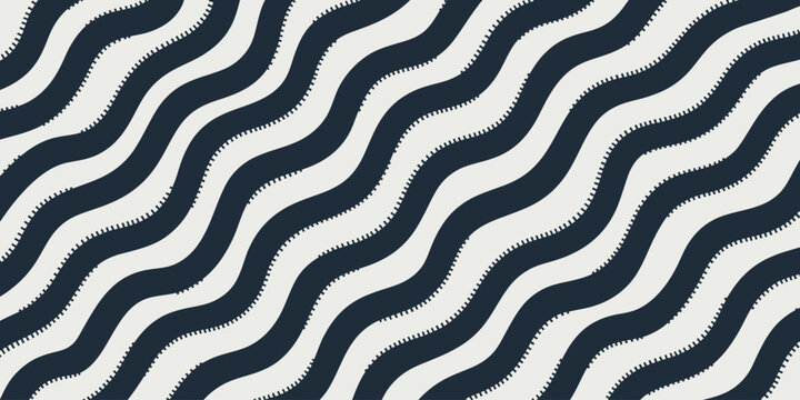 A wavy pattern with alternating dark blue and white stripes with sawtooth edges running diagonally