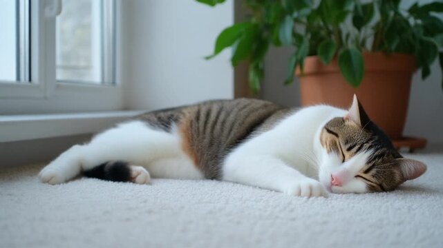 Sleepy cat domestic pet with white and brown fur lying soft carpet, peaceful home interior, relaxed mood, cozy atmosphere, green plant and window view, tabby feline animal sleeping white carpet 