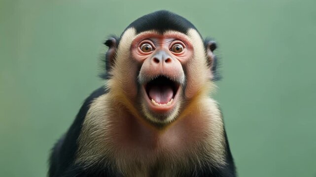 Capuchin monkey with wide-open mouth and expressive eyes, showcasing surprise and curiosity against a soft green background, capturing the essence of animal emotions and reactions 