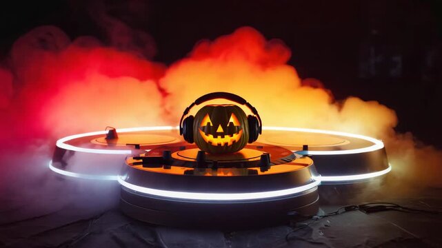 Carved Halloween Pumpkin With Headphones On ADJ Turntable Surrounded By Smoke And Lights Keywords: halloween, pumpkin, jack o