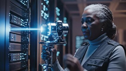 national science fiction day senior woman with futuristic scanner in data center - Powered by Adobe