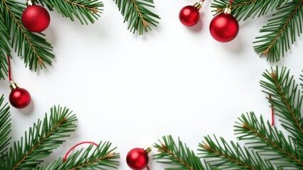 Christmas decoration on a white background with red ornaments and pine branches