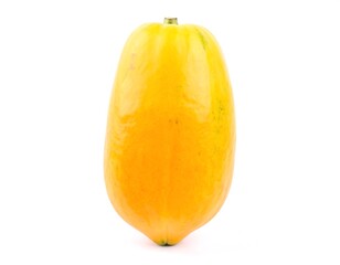 Ripe papaya standing upright showing vibrant yellow skin on white background