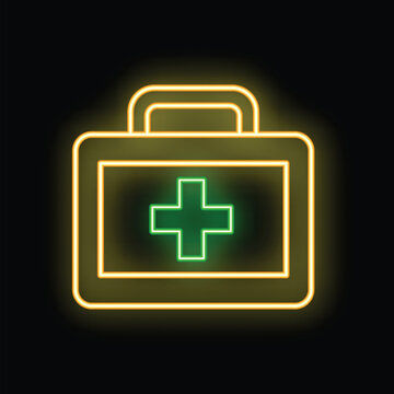 Glowing neon green first aid kit icon on a black background