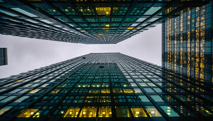 Low Angle View of Modern Glass Skyscrapers Converging Upwards Against a Gray Sky