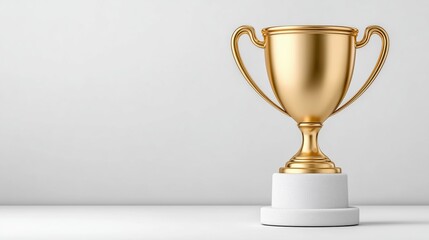 Golden trophy cup on a white podium with clean copy space, symbolizing victory, achievement and success. Ideal for award announcements and celebratory promotions