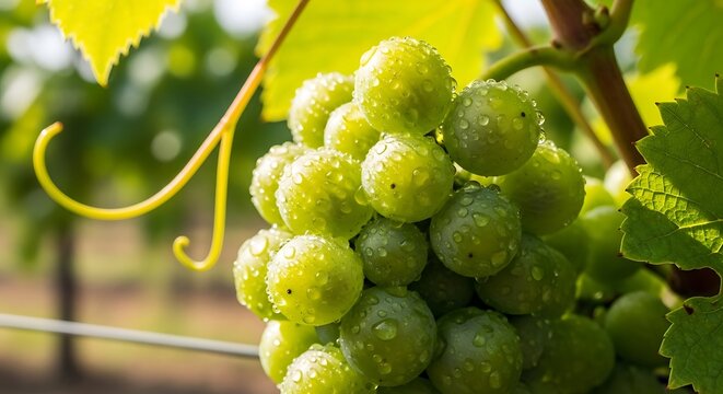 Fresh Green Grapes with Water Droplets on the Vine in a Vineyard
