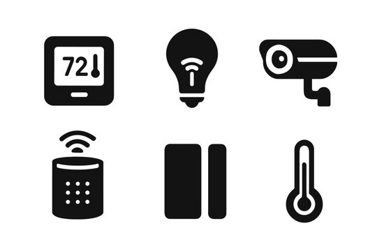 Smart home icon set: thermostat, light bulb, security camera, speaker, thermometer