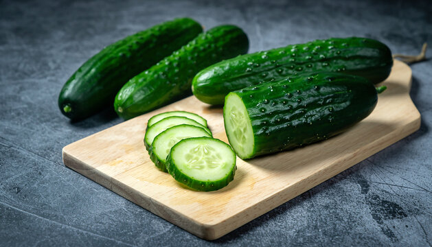 Whole and sliced fresh green cucumbers arranged on a wooden cutting board on a dark surface.
