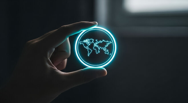 Global Connection Hand Holding Glowing World Map Future Tech Networking Digital World Blue Light Innovation Hologram - Powered by Adobe