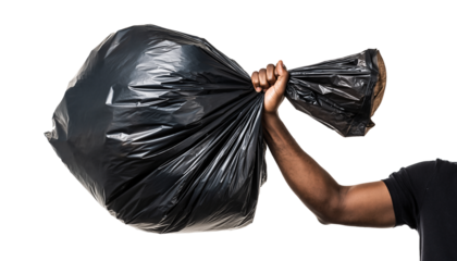 Dark-skinned arm holding a large, full black trash bag against a white background