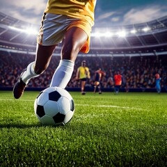 Naklejka premium Football World Championship- Soccer Player Runs to Kick the Ball. Ball on the Grass Field of.jpg