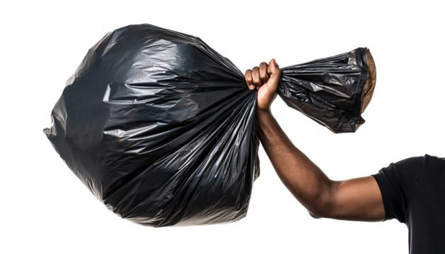 Dark-skinned arm holding a large, full black trash bag against a white background
