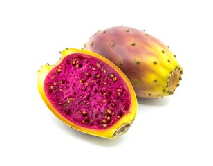 Prickly pear cut open revealing vibrant magenta pulp and tiny seeds on white
