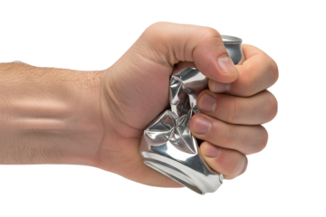 PNG. hand holding a can. A powerful hand crushing and squeezing a silver aluminum beverage can for recycling Isolated on transparent background.