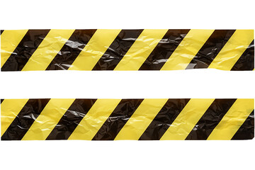 PNG. under construction. yellow and black warning stripes. Two strips of wrinkled yellow and black striped caution tape for restricted areas Isolated on transparent background.