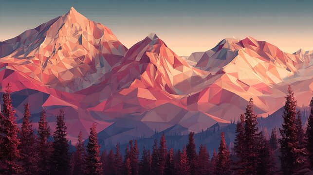 Low poly mountains with pine forest evoke sense of adventure in nature.