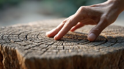 Human hand gently making contact with the weathered texture of an old tree stump, highlighting connection with nature, natural materials, and the passage of time