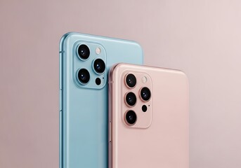 Two modern smartphones, one light blue and one pink, with multiple camera lenses, displayed against a soft, gradient background