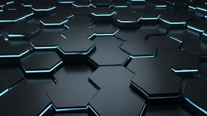 A dynamic, futuristic surface of dark, glossy hexagons rises and falls in a seamless loop. Bright, cyan neon light glows from underneath the geometric grid, creating a sleek and sophisticated abstract - Powered by Adobe
