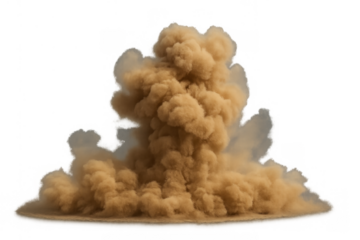 Explosive dust cloud rising after impact or blast, isolated brown smoke effect on transparent background