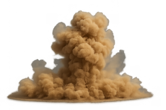 Explosive dust cloud rising after impact or blast, isolated brown smoke effect on transparent background