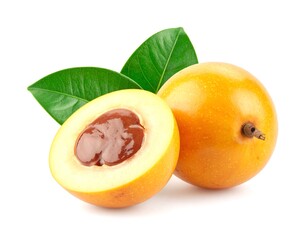 Lucuma fruits displayed with halved section showing seed on white background