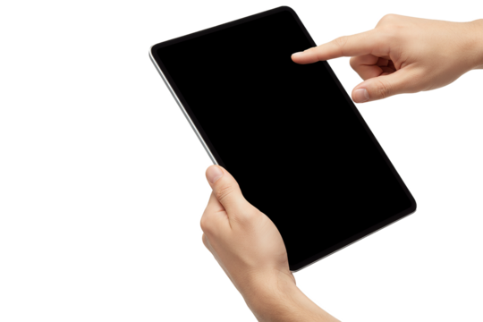 PNG. hand holding digital tablet. Male hands holding a digital tablet with a blank screen, finger tapping it Isolated on transparent background. - Powered by Adobe