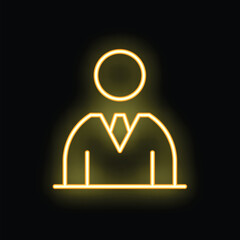 Glowing neon outline of a businessman is shining on a black background