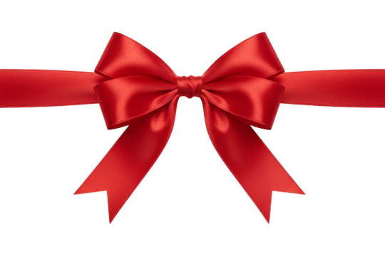 PNG. red ribbon bow. Red gift ribbon with a bow tied in the center horizontal layout Isolated on transpatrnt background.