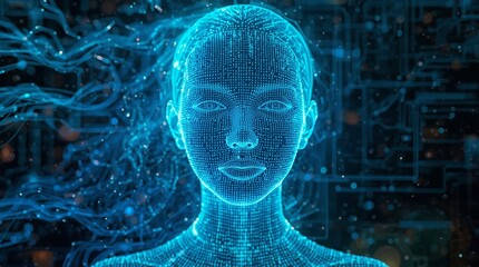 Futuristic digital female face made of glowing binary code and neural circuits, representing artificial intelligence, virtual identity, advanced technology, data network and cyber consciousness