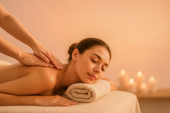 Calming spa scene featuring a woman resting on a plush towel while receiving a gentle back massage in warm candlelit surroundings, creating a rejuvenating atmosphere perfect for wellness centers