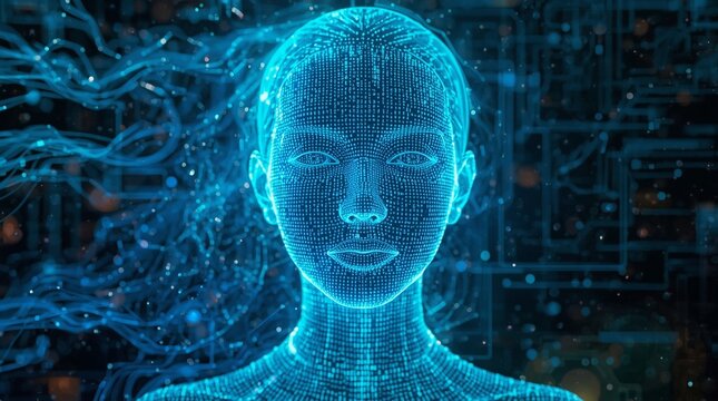 Futuristic digital female face made of glowing binary code and neural circuits, representing artificial intelligence, virtual identity, advanced technology, data network and cyber consciousness