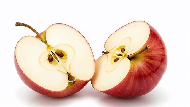 A fresh, juicy red apple is cut perfectly in half, revealing its crisp white flesh, core, and seeds. The two halves rest on a clean, bright white background in a studio setting, highlighting the fruit