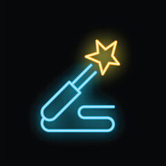 Naklejka premium Neon sign of a magic wand with a star glowing on a black background