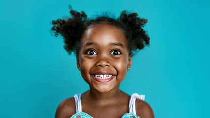 Little girl gasps with comic surprise on bright blue background, pure expressive face that grabs attention in one frame  built for reactions, education, family marketing, and fun social media edits d