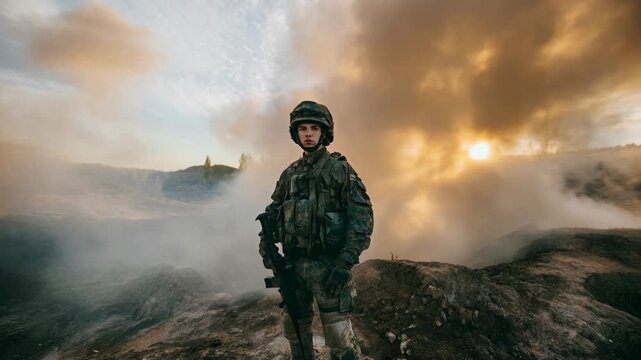 Young service member framed by rolling smoke and wreckage, silhouette cutting through the haze&mdash;a cinematic battlefield moment that conveys urgency, leadership and determination for PSAs, documentaries