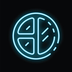Blue neon icon of a cake divided into five slices, glowing on black background