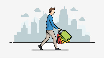 Man Walking with Shopping Bags in City Vector Illustration