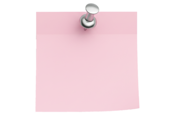 PNG. blank note paper with push pin. Blank pink sticky note with a silver thumbtack for reminders Isolated on transparent background.