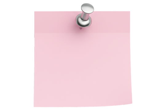 PNG. blank note paper with push pin. Blank pink sticky note with a silver thumbtack for reminders Isolated on transparent background.