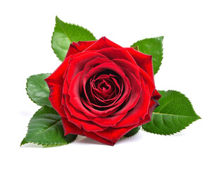 Red rose blossom with vibrant petals and green leaves on a white surface