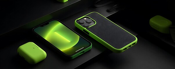 Neon green adapters and matte phone cases on black triangular layout
